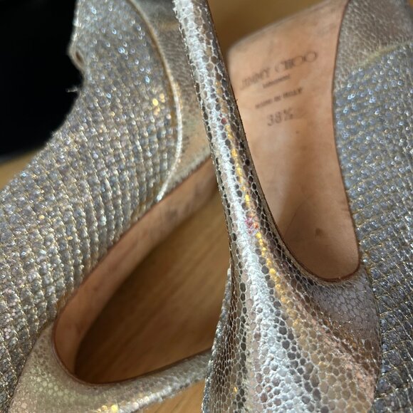 Jimmy Choo Silver Gold Luna Metallic Peep Toe Platform Heels Pumps 38.5 US/8.5 - Picture 13 of 14